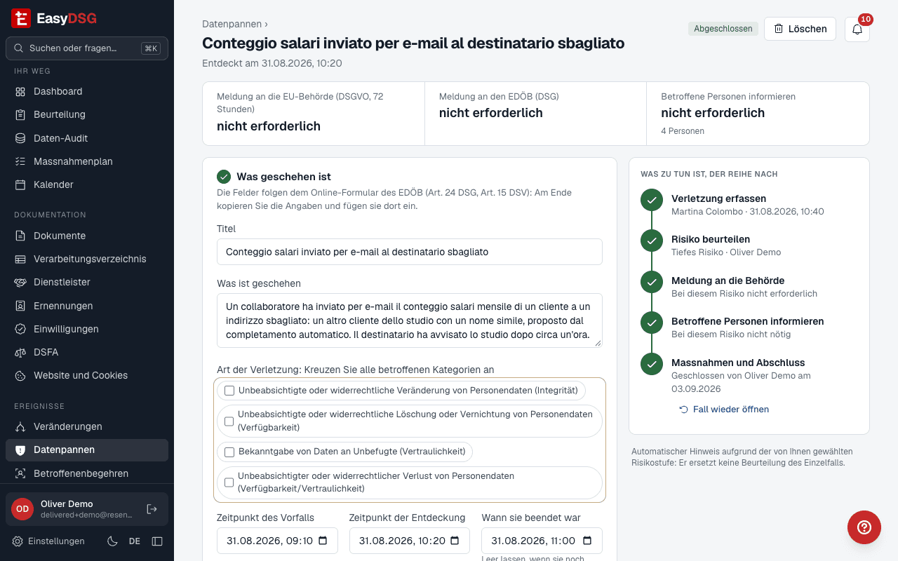 Eine Verletzung der Datensicherheit mit ihrer Frist